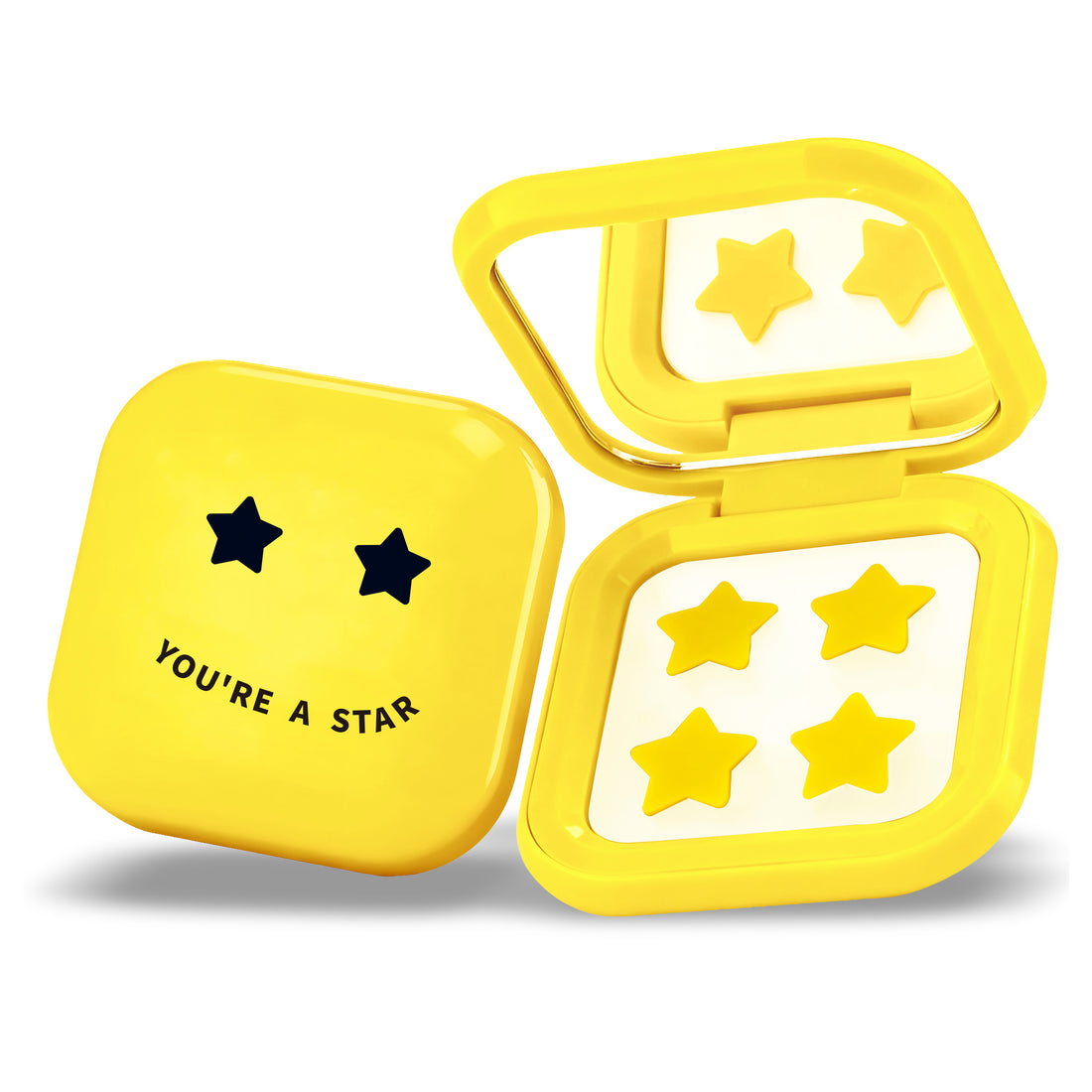 PIMPLE STAR PATCHES &amp; MIRROR CASE Yellow Pimple Patches - Anti-Blemish Stars in portable mirror case, 32 patches