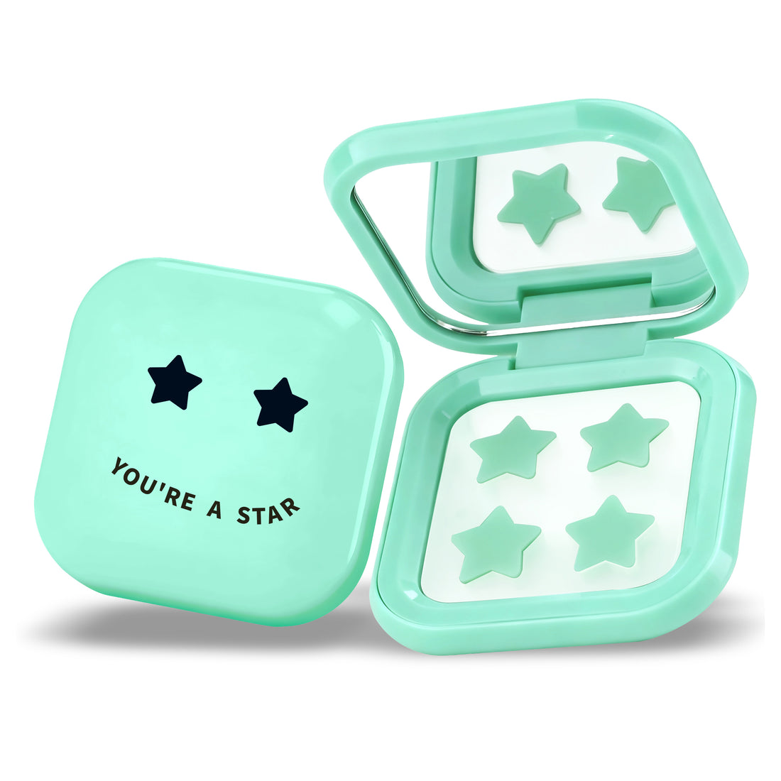 PIMPLE STAR PATCHES &amp; MIRROR CASE Green Pimple Patches - Anti-Blemish Stars in portable mirror case, 32 patches