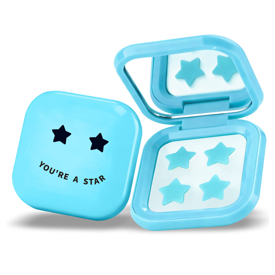 PIMPLE STAR PATCHES & MIRROR CASE Blue Pimple Patches - Anti-Blemish Stars in portable mirror case, 32 patches
